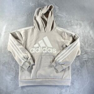 Adidas Hoodie Kids Size M 10/12 Tan Pullover 3-Stripe Logo Sweatshirt Athleisure